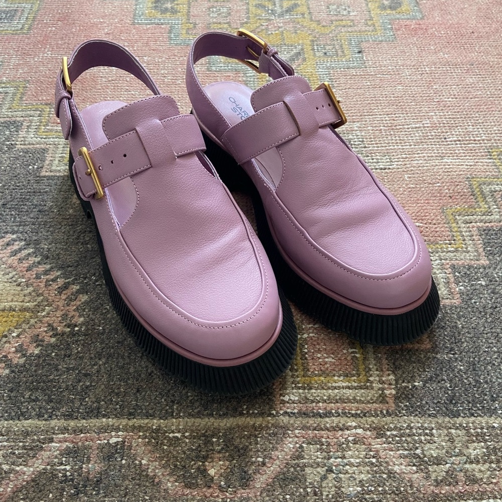 Charlotte Stone Aubrey Violet Leather Slingback Mules with Gold Buckles - Picture 2 of 5